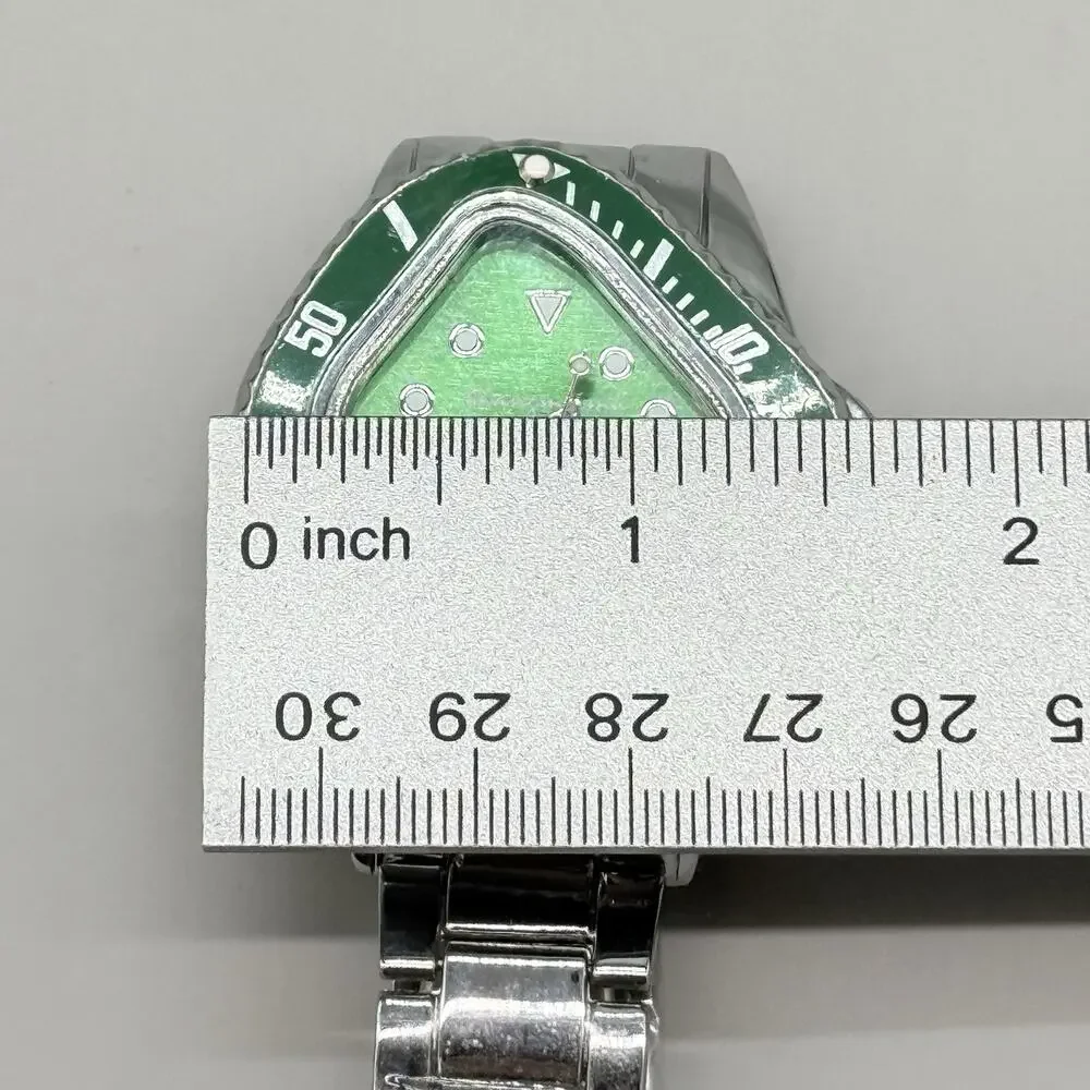 Mens Green Twist Dial Watch Silver Tone Irregular Rhombic Melted Crash Design